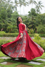 Load image into Gallery viewer, Red Designer Heavy Rayon Gown with Kutchi Gamthi Work and Printed Flair Clothsvilla