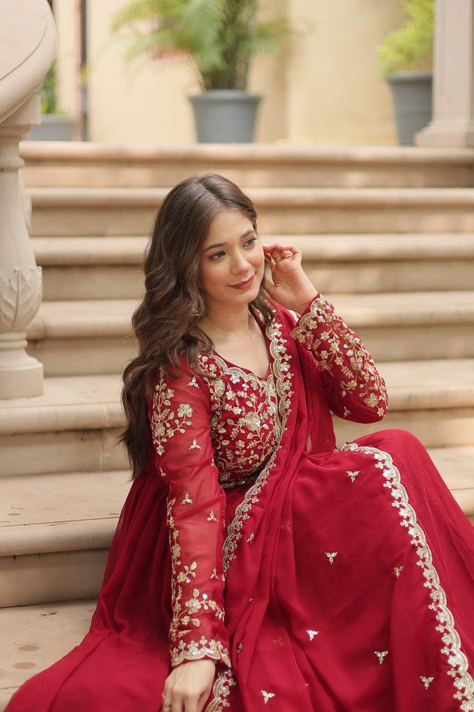 Red Faux Blooming Gown with Multi-Embroidery and Sequins Work Clothsvilla