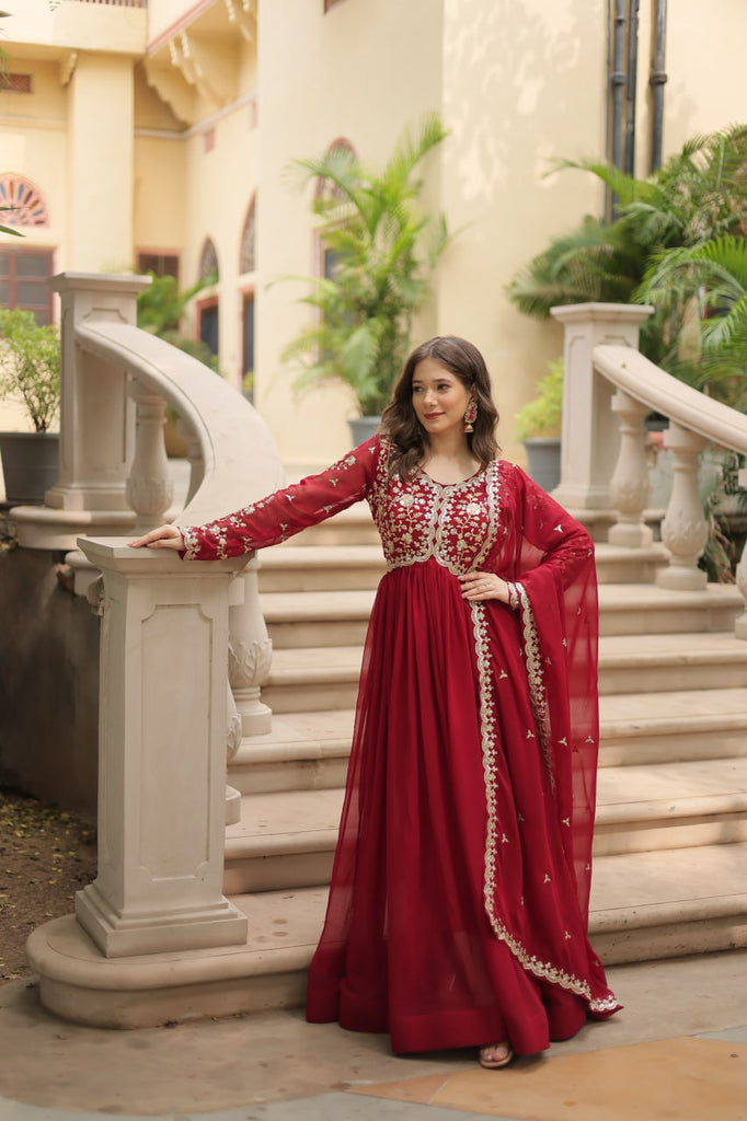 Red Faux Blooming Gown with Multi-Embroidery and Sequins Work Clothsvilla