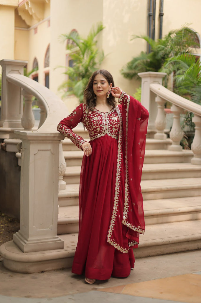 Red Faux Blooming Gown with Multi-Embroidery and Sequins Work Clothsvilla