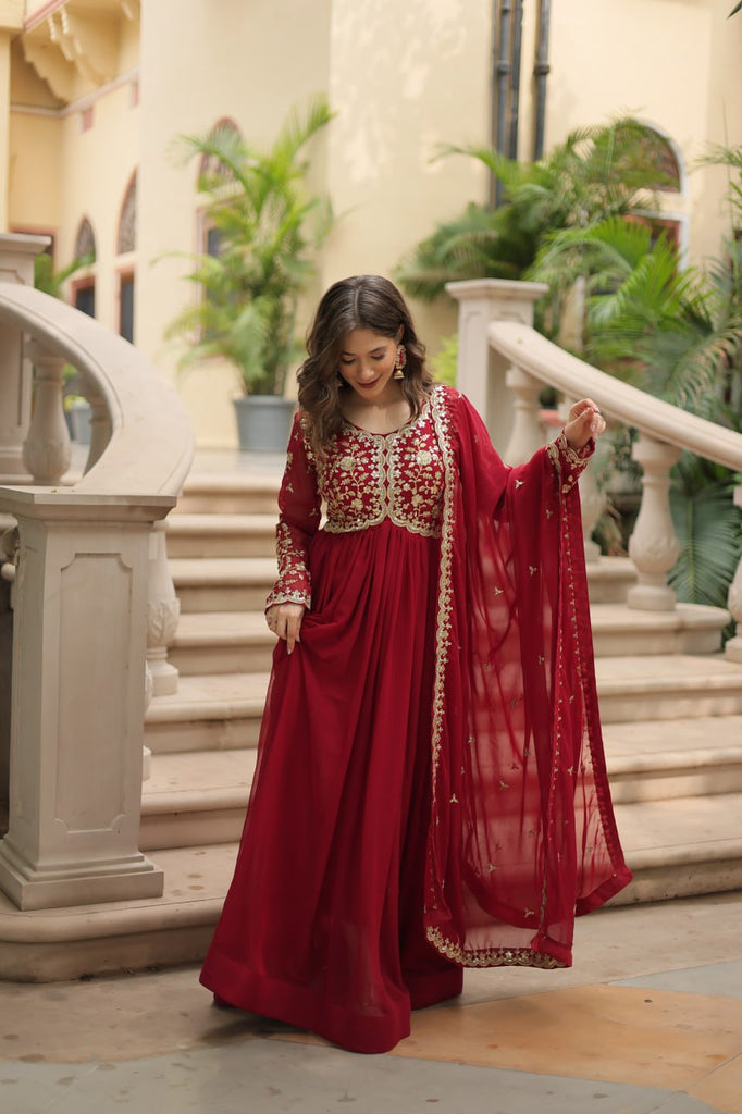 Red Faux Blooming Gown with Multi-Embroidery and Sequins Work Clothsvilla