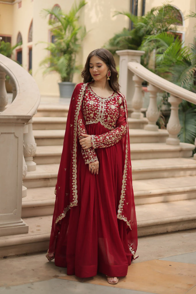 Red Faux Blooming Gown with Multi-Embroidery and Sequins Work Clothsvilla