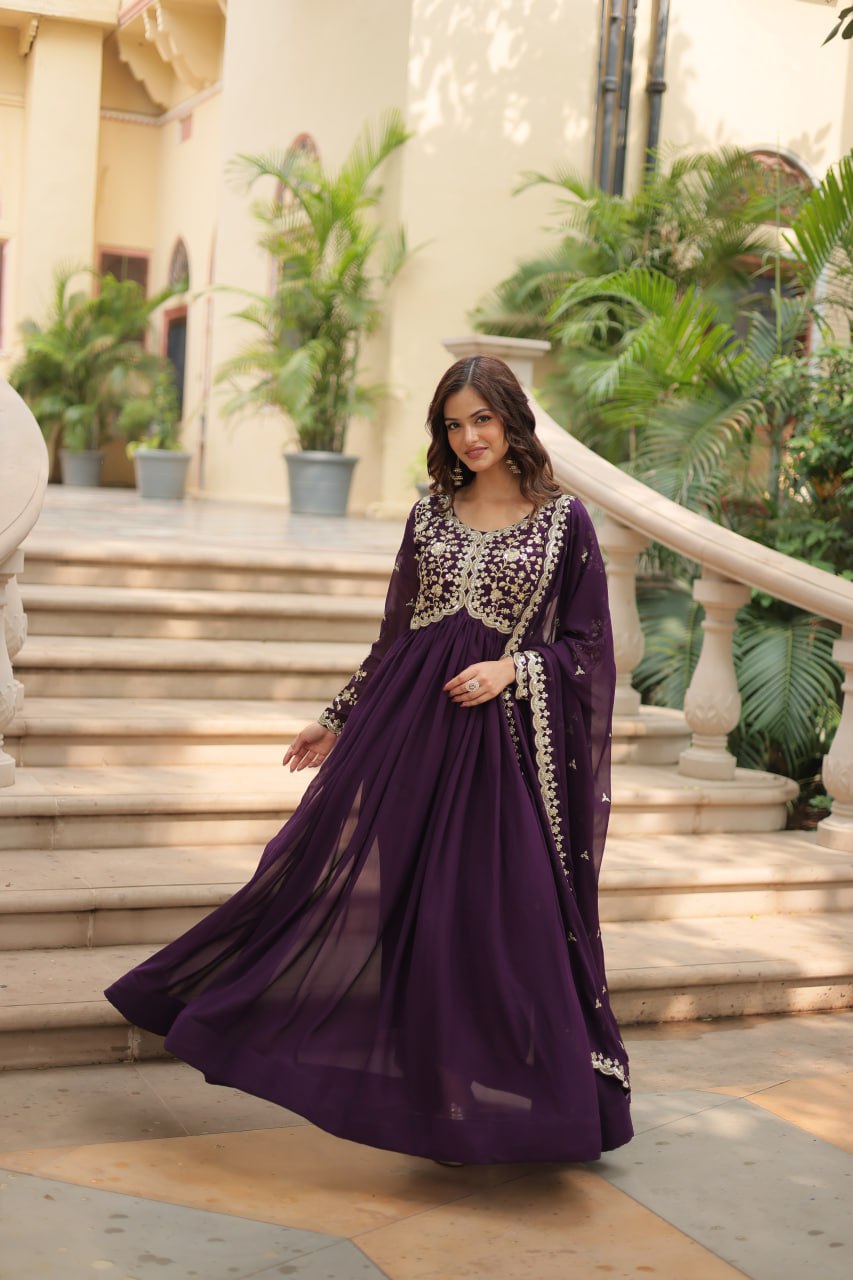 Wine Faux Blooming Gown with Multi-Embroidery and Sequins Work Clothsvilla Main image