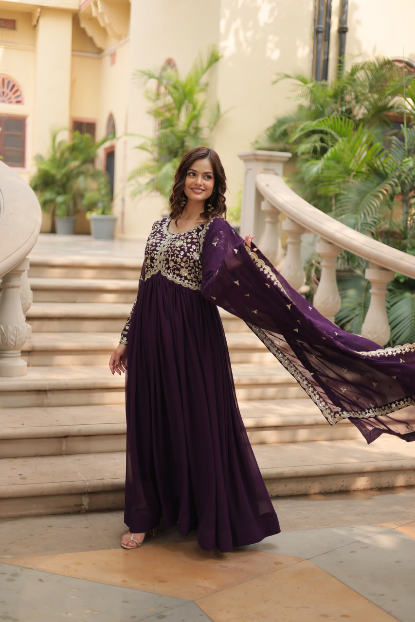 Wine Faux Blooming Gown with Multi-Embroidery and Sequins Work Secondary image
