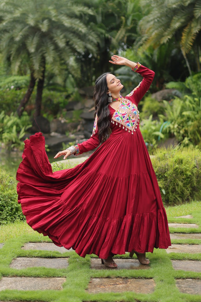 Maroon Partywear Gown with Kutchi Gamthi Work and 3-Layer Frill Stitch ClothsVilla