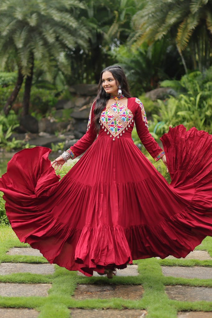 Maroon Partywear Gown with Kutchi Gamthi Work and 3-Layer Frill Stitch ClothsVilla