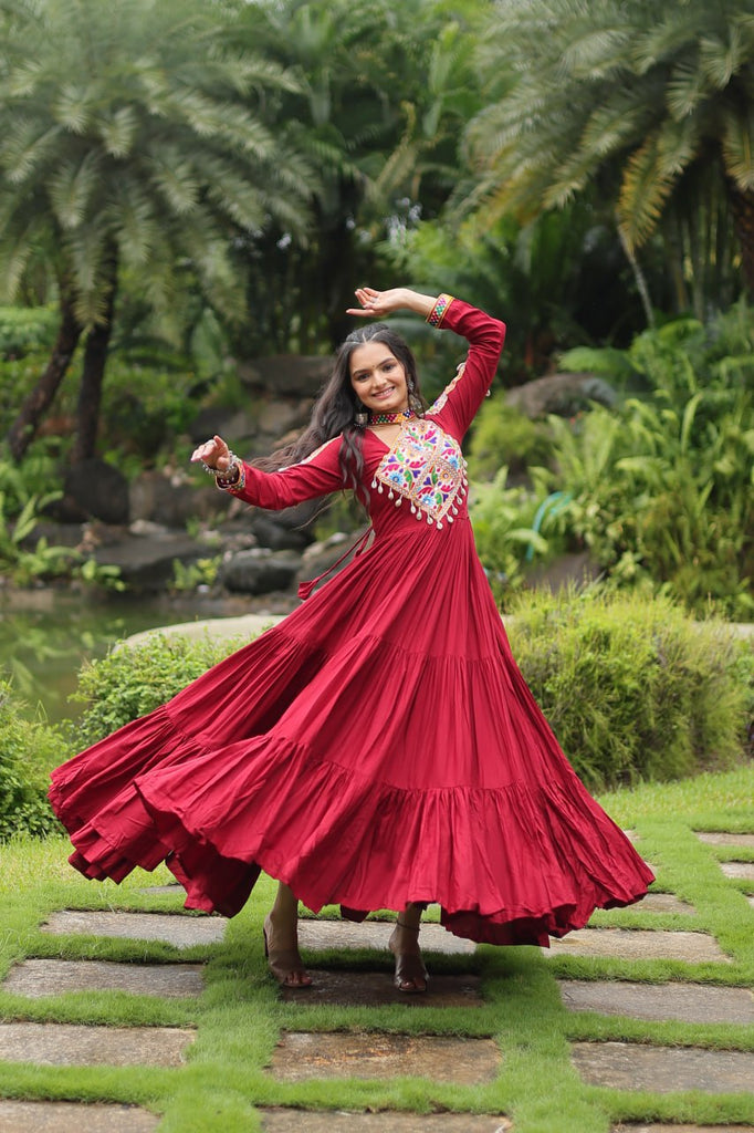 Maroon Partywear Gown with Kutchi Gamthi Work and 3-Layer Frill Stitch ClothsVilla