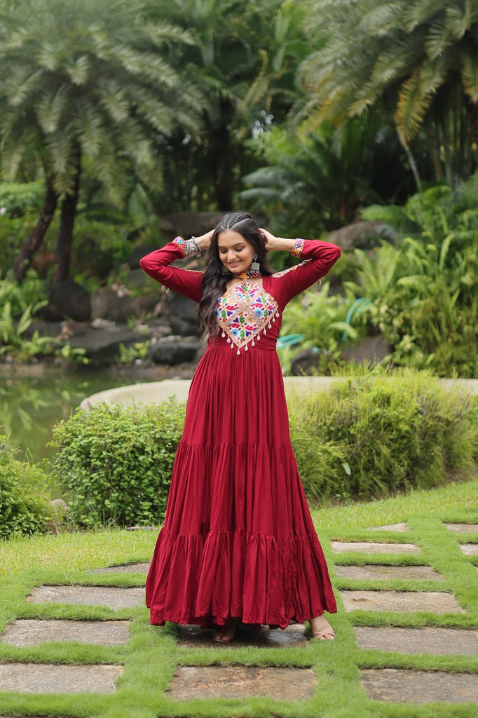 Maroon Partywear Gown with Kutchi Gamthi Work and 3-Layer Frill Stitch ClothsVilla