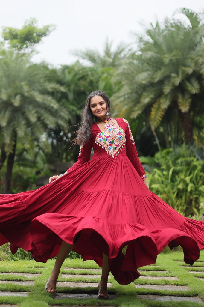 Maroon Partywear Gown with Kutchi Gamthi Work and 3-Layer Frill Stitch ClothsVilla