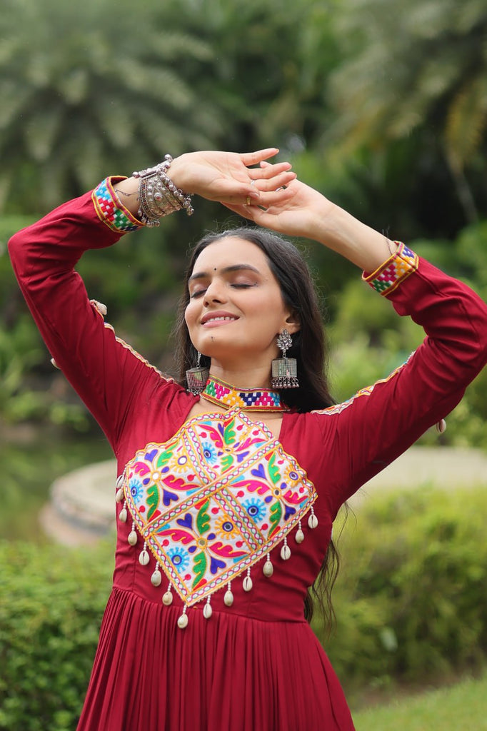 Maroon Partywear Gown with Kutchi Gamthi Work and 3-Layer Frill Stitch ClothsVilla