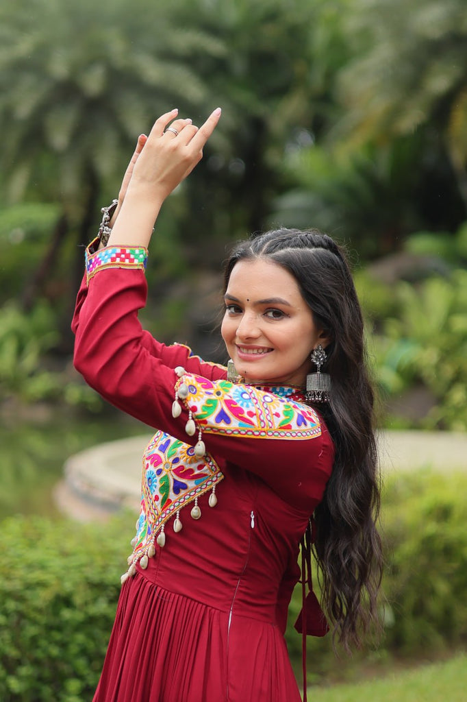 Maroon Partywear Gown with Kutchi Gamthi Work and 3-Layer Frill Stitch ClothsVilla