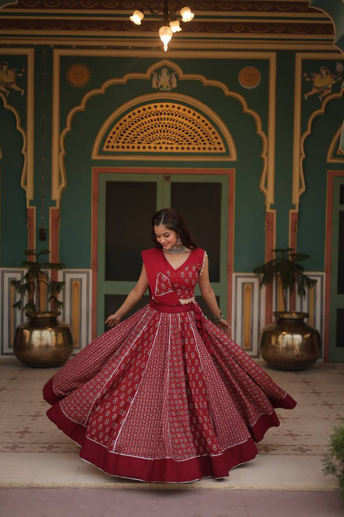 Red Elegant Printed Rayon Lehenga Set with Gota Patti Lace and Kali Pattern ClothsVilla