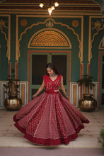 Load image into Gallery viewer, Red Elegant Printed Rayon Lehenga Set with Gota Patti Lace and Kali Pattern ClothsVilla