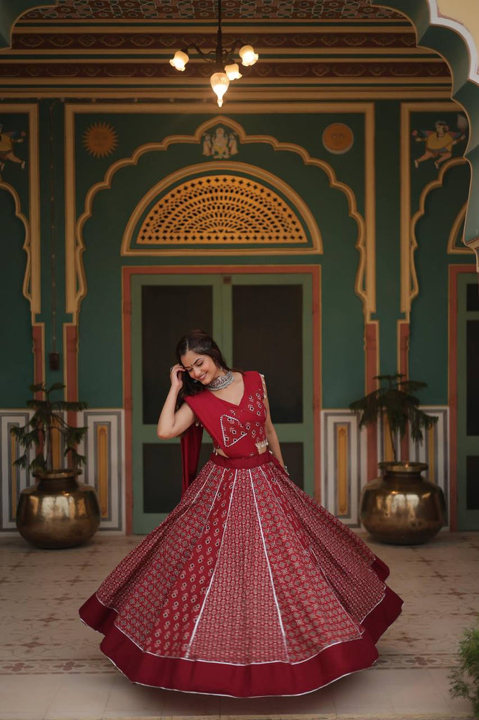 Red Elegant Printed Rayon Lehenga Set with Gota Patti Lace and Kali Pattern ClothsVilla