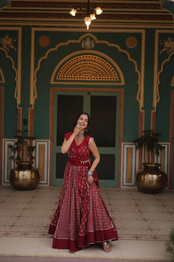 Red Elegant Printed Rayon Lehenga Set with Gota Patti Lace and Kali Pattern ClothsVilla