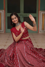 Load image into Gallery viewer, Red Elegant Printed Rayon Lehenga Set with Gota Patti Lace and Kali Pattern ClothsVilla