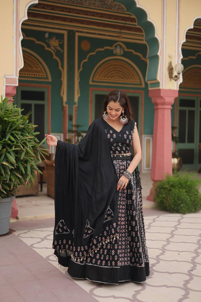 Black Elegant Printed Rayon Lehenga Set with Gota Patti Lace and Kali Pattern ClothsVilla