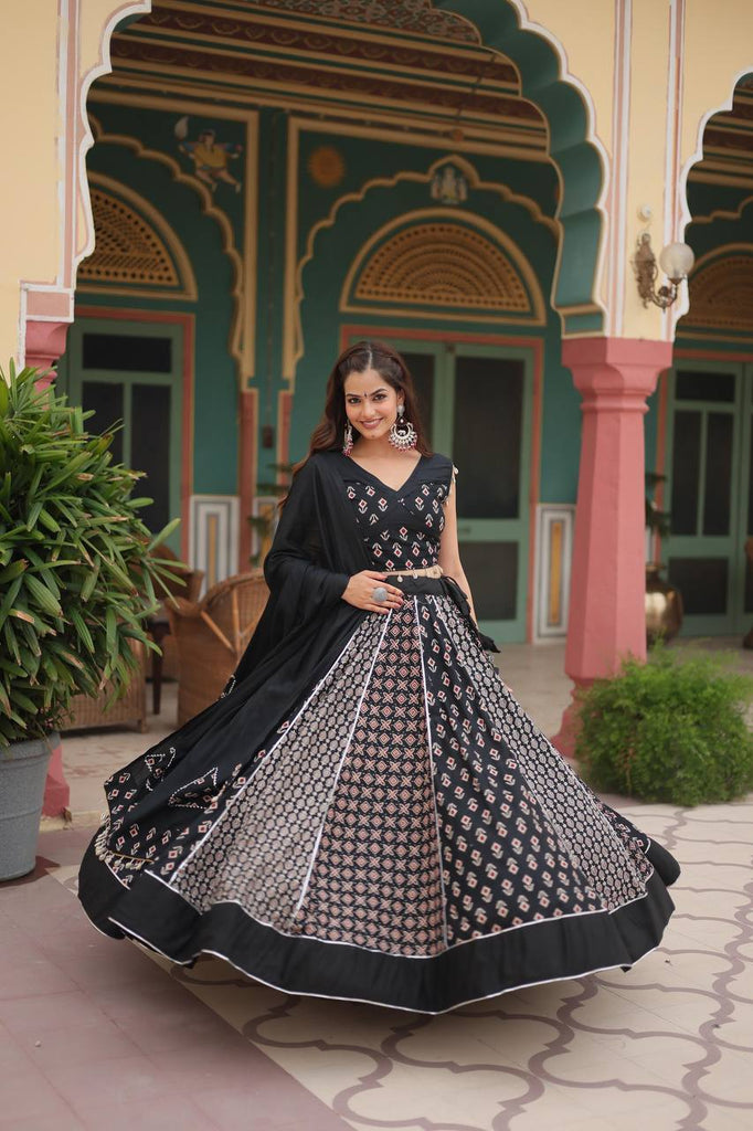 Black Elegant Printed Rayon Lehenga Set with Gota Patti Lace and Kali Pattern ClothsVilla