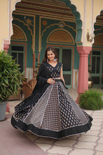 Load image into Gallery viewer, Black Elegant Printed Rayon Lehenga Set with Gota Patti Lace and Kali Pattern ClothsVilla