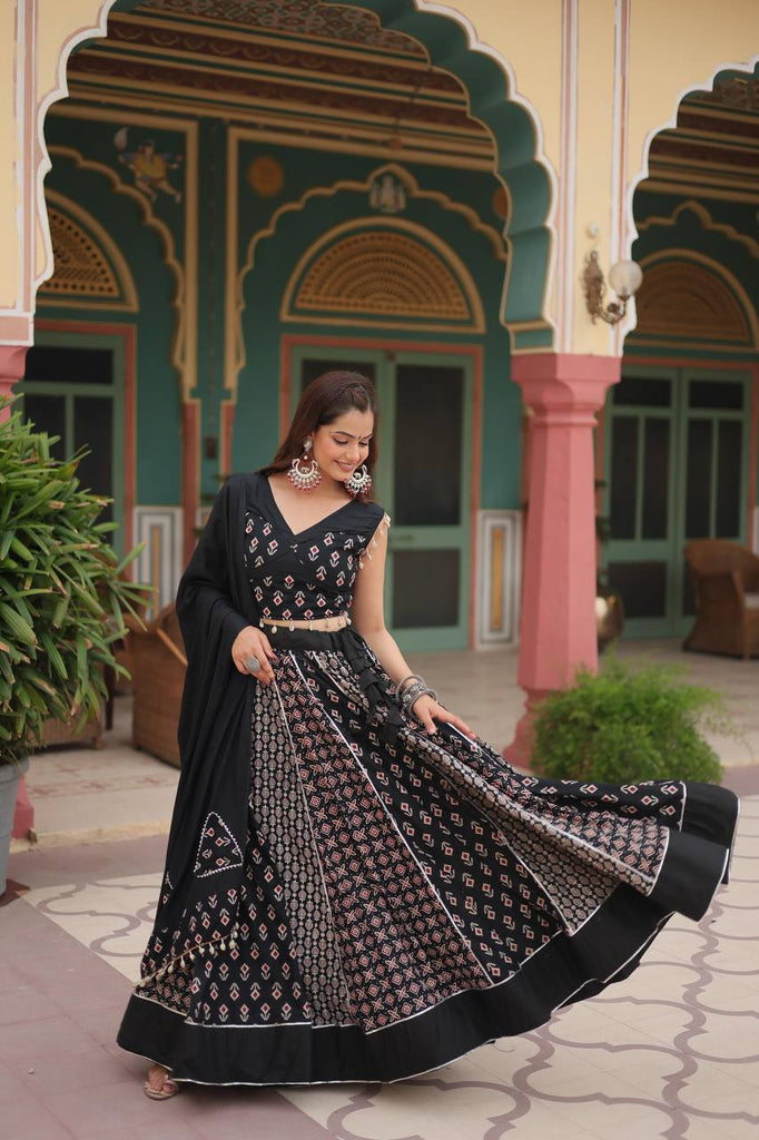 Black Elegant Printed Rayon Lehenga Set with Gota Patti Lace and Kali Pattern ClothsVilla