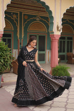 Load image into Gallery viewer, Black Elegant Printed Rayon Lehenga Set with Gota Patti Lace and Kali Pattern ClothsVilla