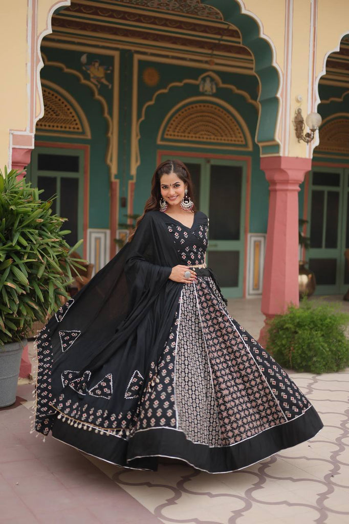 Black Elegant Printed Rayon Lehenga Set with Gota Patti Lace and Kali Pattern ClothsVilla