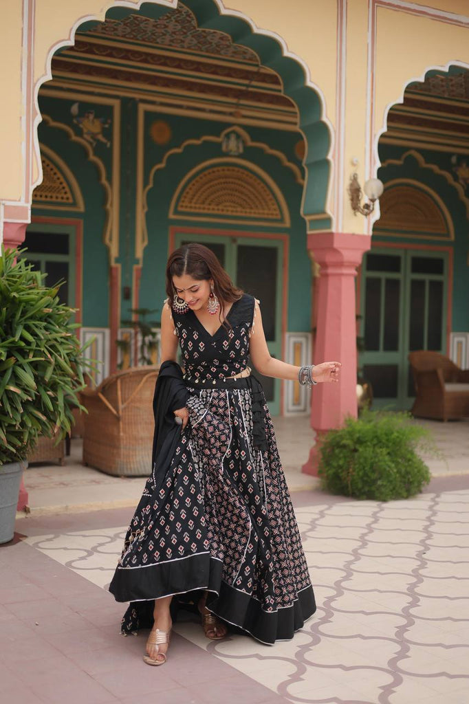 Black Elegant Printed Rayon Lehenga Set with Gota Patti Lace and Kali Pattern ClothsVilla