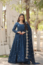 Load image into Gallery viewer, Teal Blue Vichitra Shimmer Gown with Sequins Embroidery and Arco-Cut Dupatta ClothsVilla