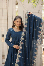 Load image into Gallery viewer, Teal Blue Vichitra Shimmer Gown with Sequins Embroidery and Arco-Cut Dupatta ClothsVilla