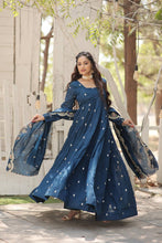 Load image into Gallery viewer, Teal Blue Vichitra Shimmer Gown with Sequins Embroidery and Arco-Cut Dupatta ClothsVilla