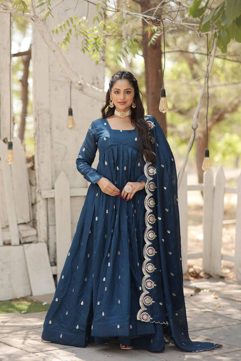 Teal Blue Vichitra Shimmer Gown with Sequins Embroidery and Arco-Cut Dupatta ClothsVilla Main image