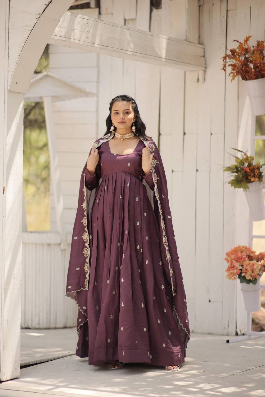 Wine Vichitra Shimmer Gown with Sequins Embroidery and Arco-Cut Dupatta ClothsVilla Main image