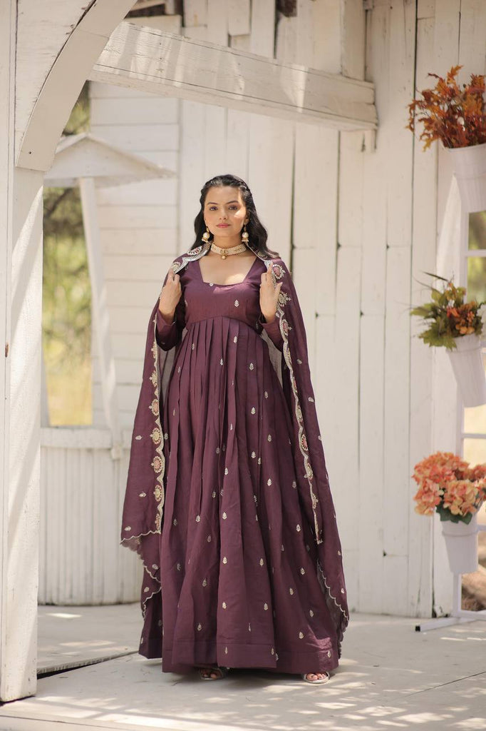 Wine Vichitra Shimmer Gown with Sequins Embroidery and Arco-Cut Dupatta ClothsVilla