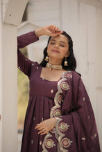 Load image into Gallery viewer, Wine Vichitra Shimmer Gown with Sequins Embroidery and Arco-Cut Dupatta ClothsVilla