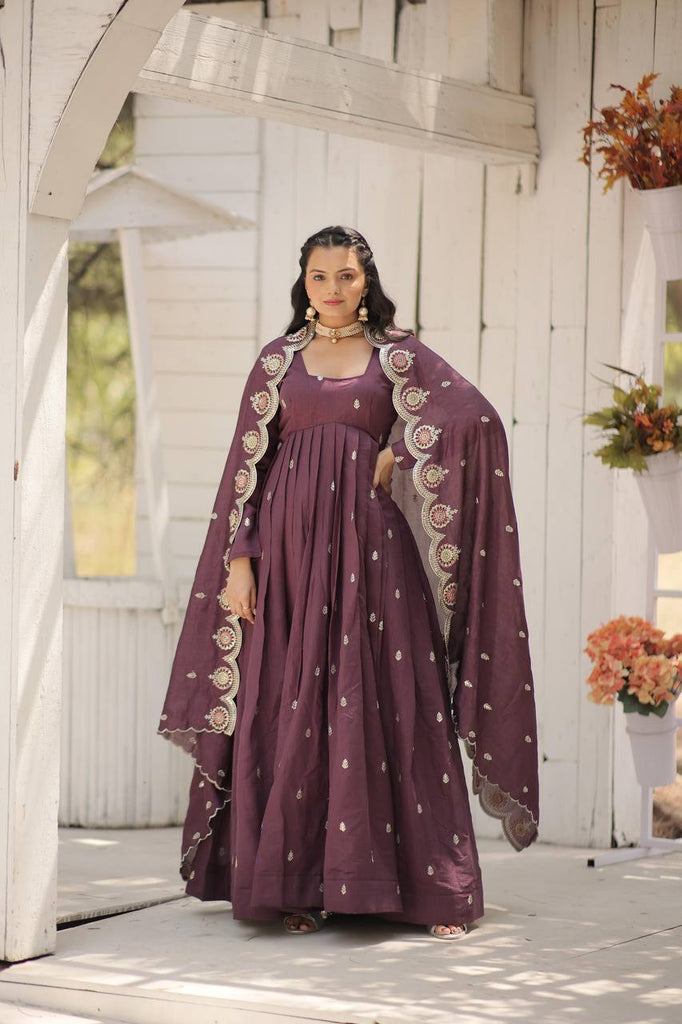 Wine Vichitra Shimmer Gown with Sequins Embroidery and Arco-Cut Dupatta ClothsVilla