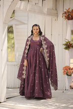 Load image into Gallery viewer, Wine Vichitra Shimmer Gown with Sequins Embroidery and Arco-Cut Dupatta ClothsVilla