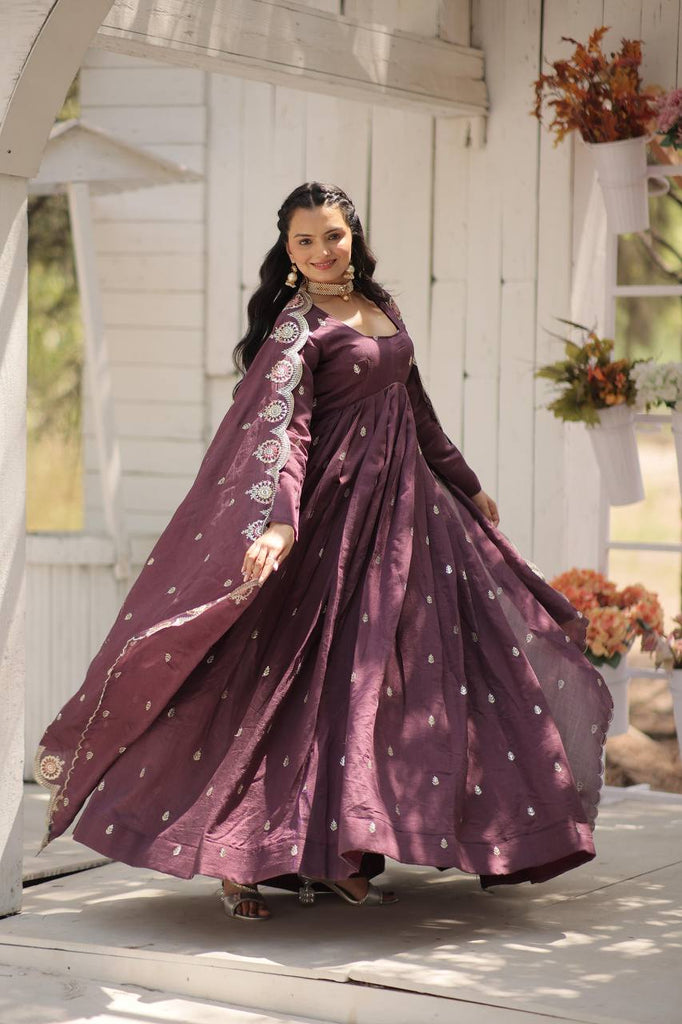 Wine Vichitra Shimmer Gown with Sequins Embroidery and Arco-Cut Dupatta ClothsVilla