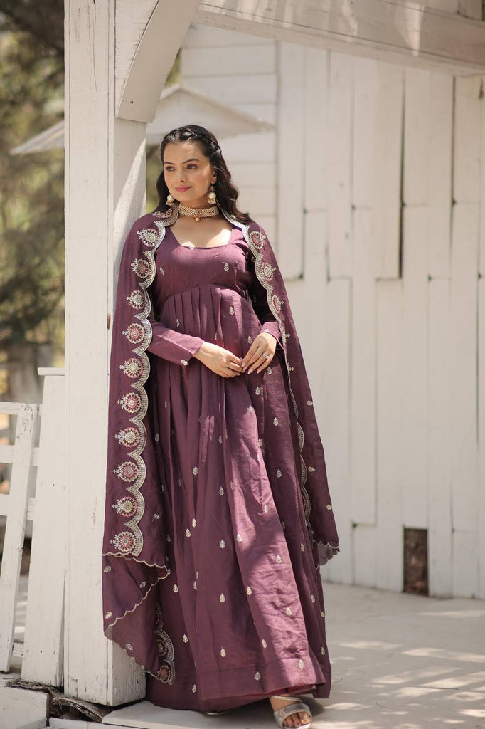 Wine Vichitra Shimmer Gown with Sequins Embroidery and Arco-Cut Dupatta ClothsVilla