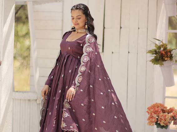 Wine Vichitra Shimmer Gown with Sequins Embroidery and Arco-Cut Dupatta ClothsVilla