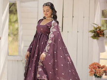 Load image into Gallery viewer, Wine Vichitra Shimmer Gown with Sequins Embroidery and Arco-Cut Dupatta ClothsVilla