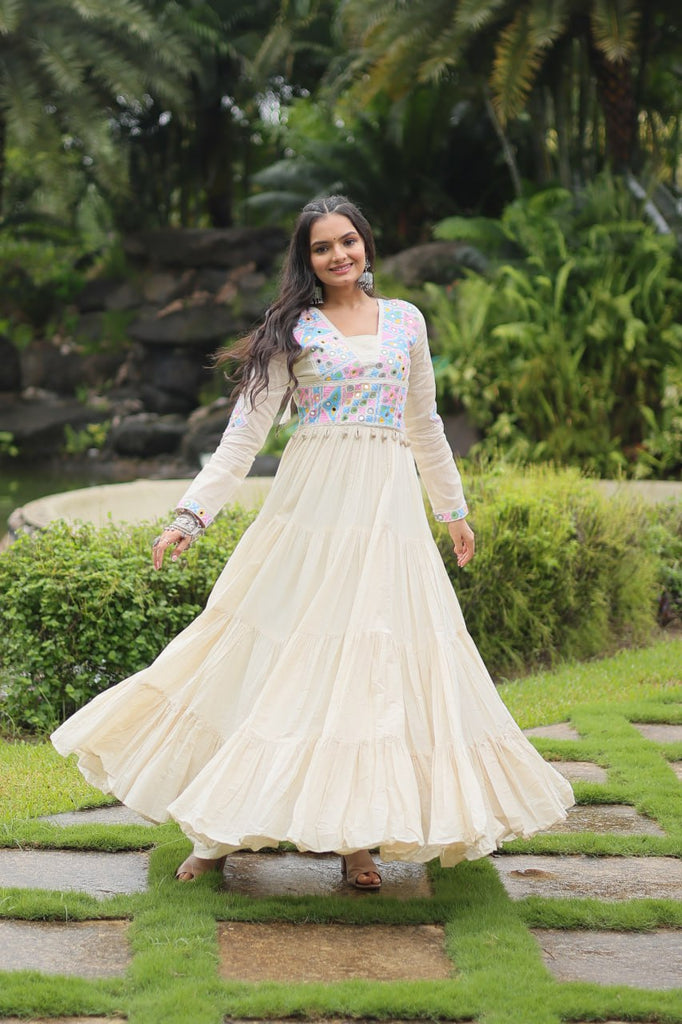 White Kora Cotton Gown with Kutchi Gamthi Work and 4-Layer Frill Stitch Clothsvilla