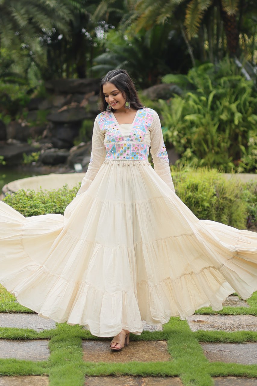 White Kora Cotton Gown with Kutchi Gamthi Work and 4-Layer Frill Stitch Clothsvilla