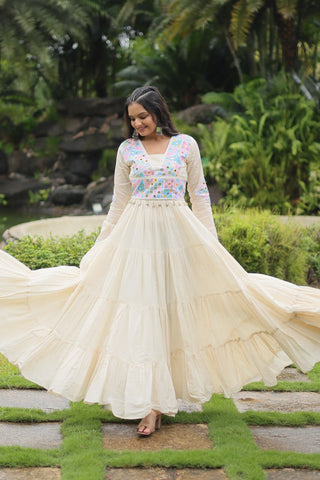 White Kora Cotton Gown with Kutchi Gamthi Work and 4-Layer Frill Stitch Clothsvilla