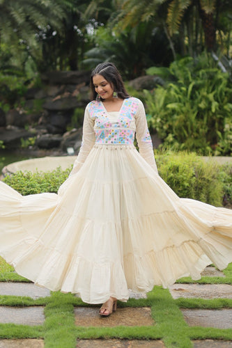 White Kora Cotton Gown with Kutchi Gamthi Work and 4-Layer Frill Stitch Clothsvilla