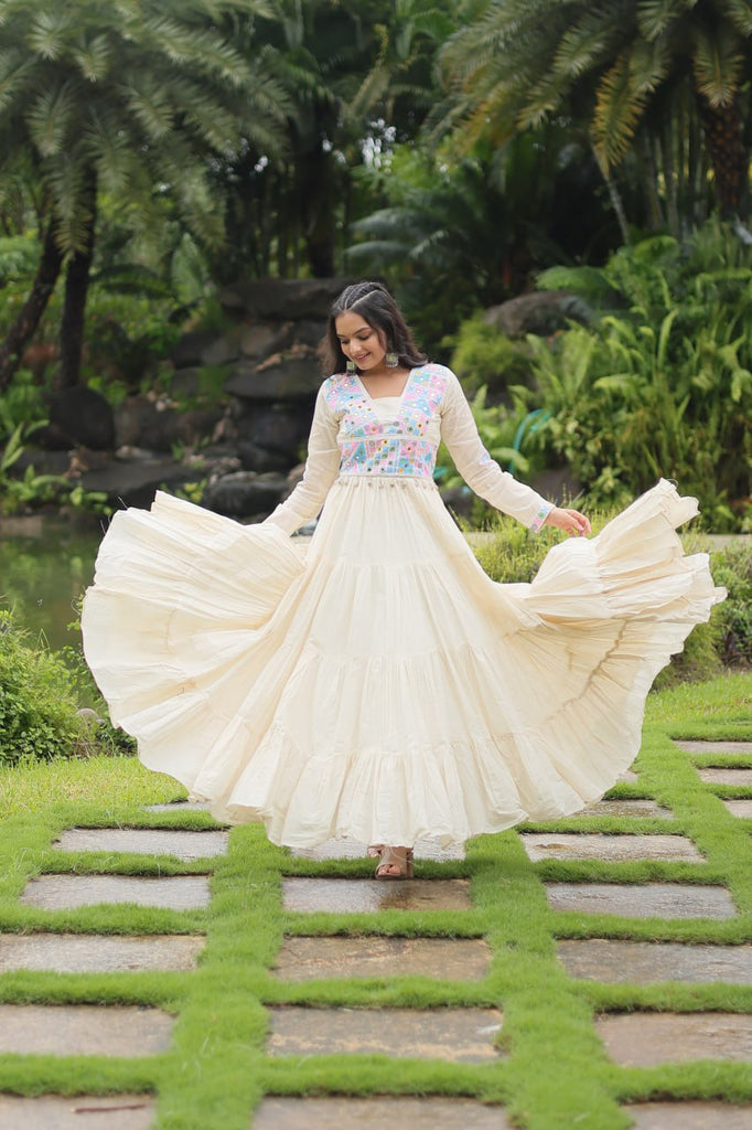 White Kora Cotton Gown with Kutchi Gamthi Work and 4-Layer Frill Stitch Clothsvilla