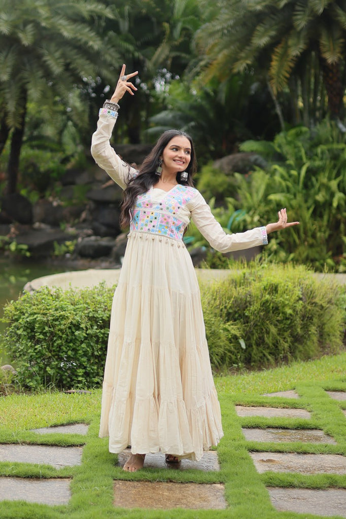 White Kora Cotton Gown with Kutchi Gamthi Work and 4-Layer Frill Stitch Clothsvilla