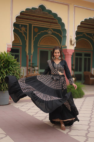 Black Printed Rayon Lehenga Choli Set with 4-Layer Frill Stitch ClothsVilla