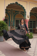 Load image into Gallery viewer, Black Printed Rayon Lehenga Choli Set with 4-Layer Frill Stitch ClothsVilla