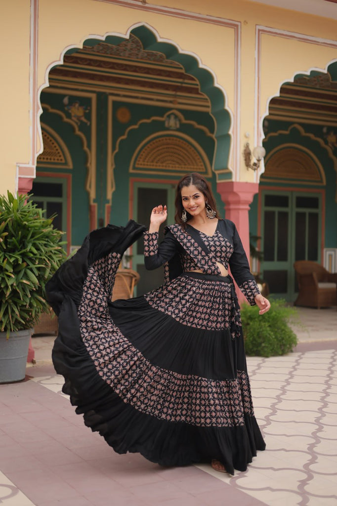 Black Printed Rayon Lehenga Choli Set with 4-Layer Frill Stitch ClothsVilla