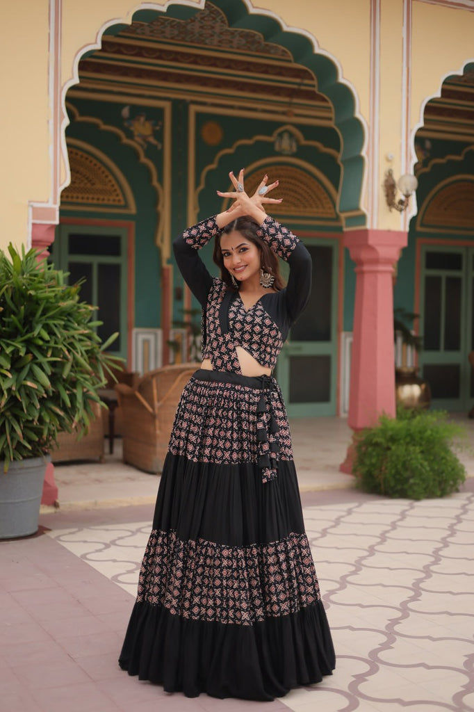 Black Printed Rayon Lehenga Choli Set with 4-Layer Frill Stitch ClothsVilla